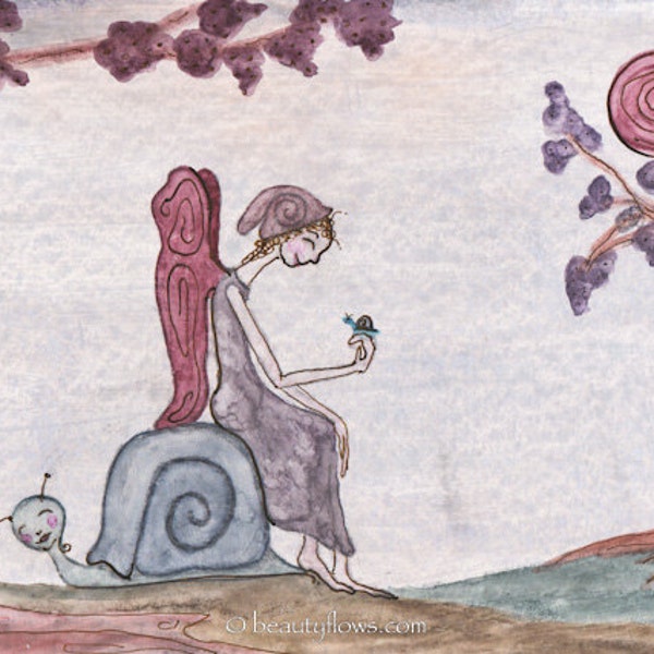 Snail Fairy, Spirals in Art, Magical Scene, Children's Art, Greeting Card