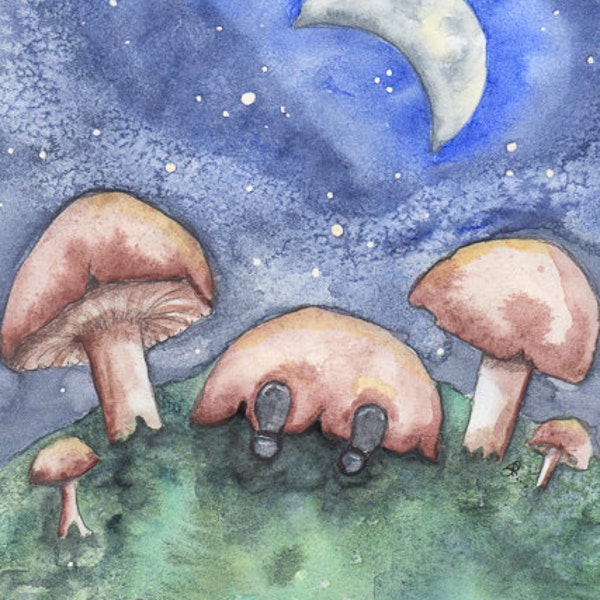 Sweet Dreams little Gnome, Sleeping under a Mushroom Cap, Greeting Card or Photographic Art Print