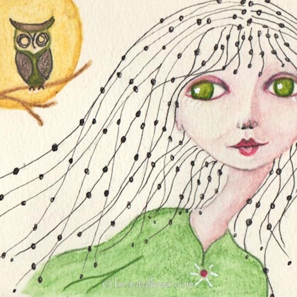 Beads in Her Hair, Owl in a Tree, Big Fat Moon, Fantasy art, Greeting Card or Photographic Art Print