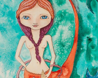 Mermaid and Friend, Snake for Friend, Ocean Realm, Greeting Card or Photographic Art Print