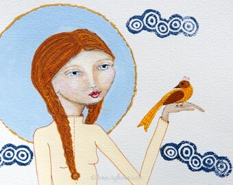 Perfect Moment, Bird on Hand, Woman with Feathered Friend, Magical Greeting Card