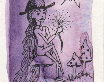 Halloween Art, Dandelion Witch, Make A Wish, Birthday Art, ACEO, Magical Mushroom Art, Original One of a Kind