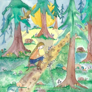 May include: A watercolor painting of a young woman with long, braided hair, wearing a brown shirt and blue jeans, kneeling on a path in a forest. She is looking down at the ground, where there are footprints and small purple flowers. The path is surrounded by tall trees and there is a yellow moon in the sky.