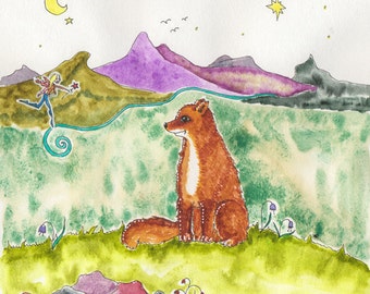 Fox and Fairy, Montana Landscape, Whimsical Art, Children Love This, 8x8 inch photographich print