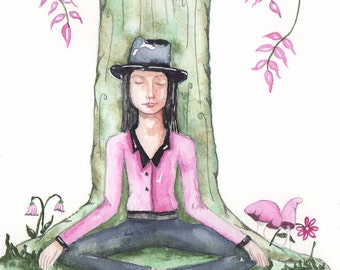 Man Meditating , Dhyana, OOAK, Original Watercolor painting, Meditating with a Tree