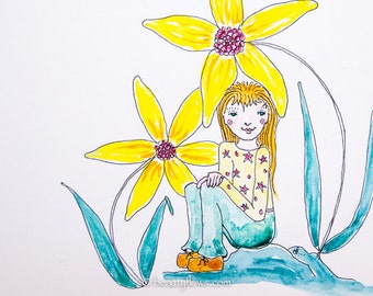 Flower Fairy, Spring Greeting Card, Sunflower Girl, Tiny Girl Big Flowers, Greeting Card or Photographic Art Print