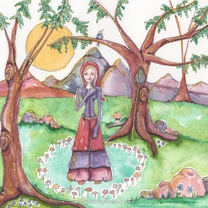 May include: A watercolor painting of a woman in a red hooded cloak standing in a circle of mushrooms. The woman is surrounded by a green field with mountains in the background. The sun is shining brightly in the sky.