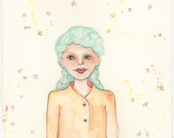 Original Painting, Blue Eyes, Aqua hair, peach jacket, stars, little lady, collectible art, watercolor, flower buttons