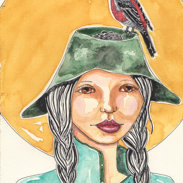 Pine Grosbeak, Hat as a Bird Feeder, For Birders, Bird Lover Art, Greeting card or Print for Birders
