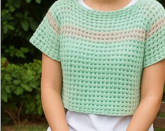 Camiseta de crochet pistacho 100 % algodón orgánico fresco con detalles de rayas deportivas beige