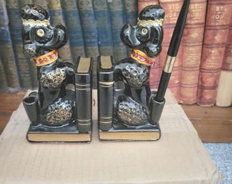 Rare Lefton 50s French Poodles Book Ends Black with Gold Two Small Pups Bookends with Pen Holders Porcelain Bookends