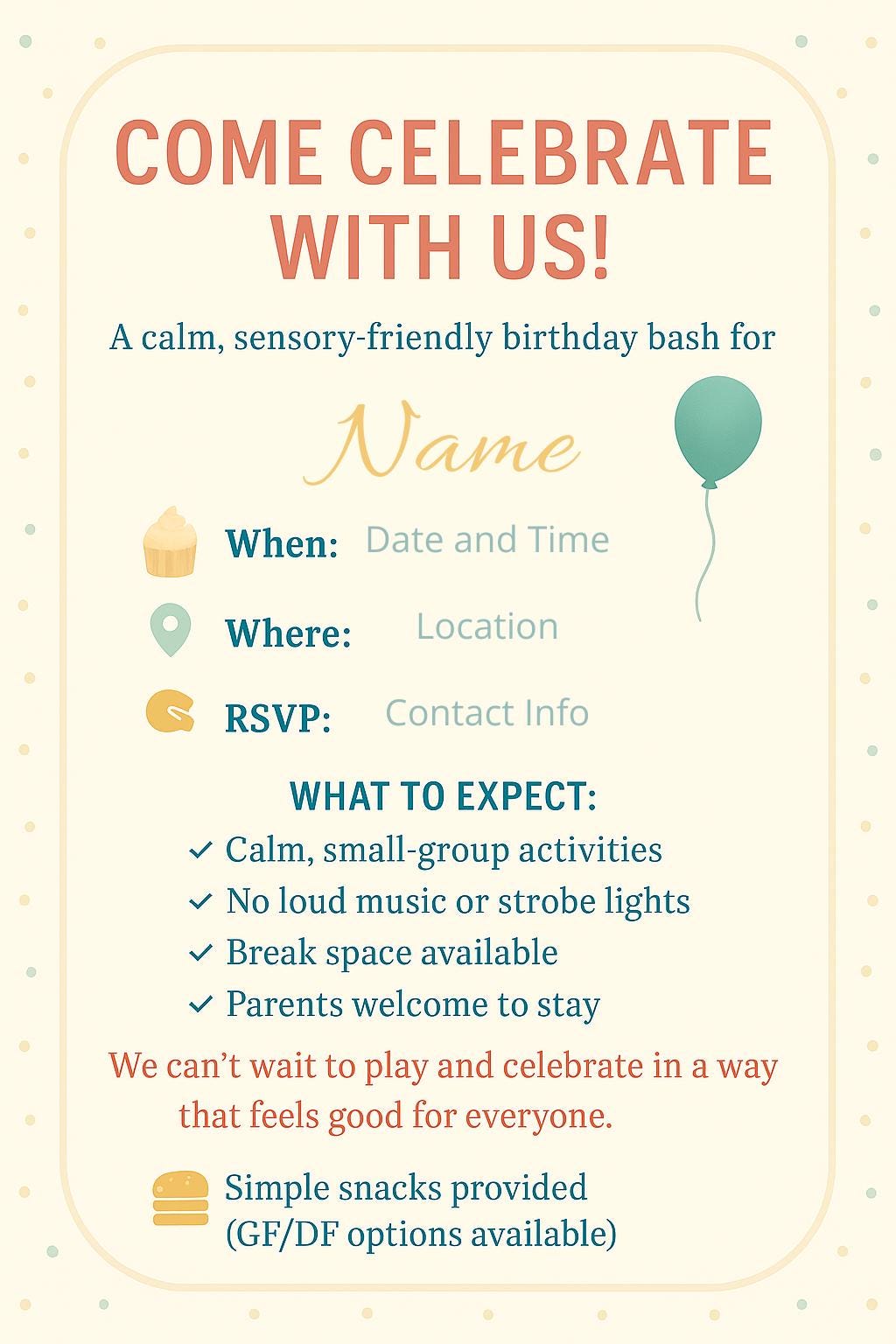 Sensory-friendly Birthday Invitation | Printable Autism-friendly Party ...