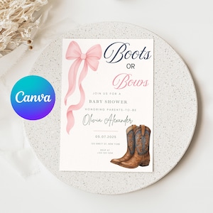 Peut inclure: Invitation de baby shower avec le texte "Boots or Bows". L'invitation présente un nœud rose, des bottes de cowboy à l'aquarelle et le nom "Olivia Alexander". La date est le 05.07.2025.