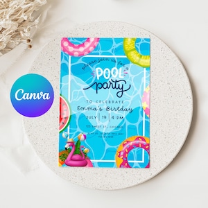 Editable Pool Party Invitation, Summer Birthday Party Invite, Teenage Birthday, Invite Pink Flamingo Invite, Party Digital Download Canva