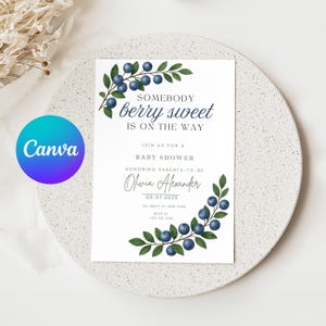 Editable Blueberry Baby Shower Invitation Berry Sweet Baby Shower Invite Berry Sweet Is On The Way Baby Shower Party Digital Download Canva