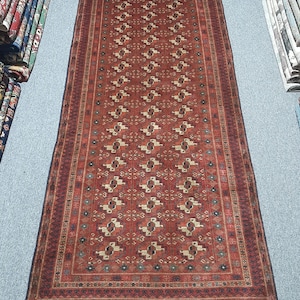 3'5 x 8'8 Turkmen Tekke Runner Rug | Hand-Knotted Wool Carpet | Terracotta & Charcoal Geometric Tribal Entryway Decor by GhazniRugs