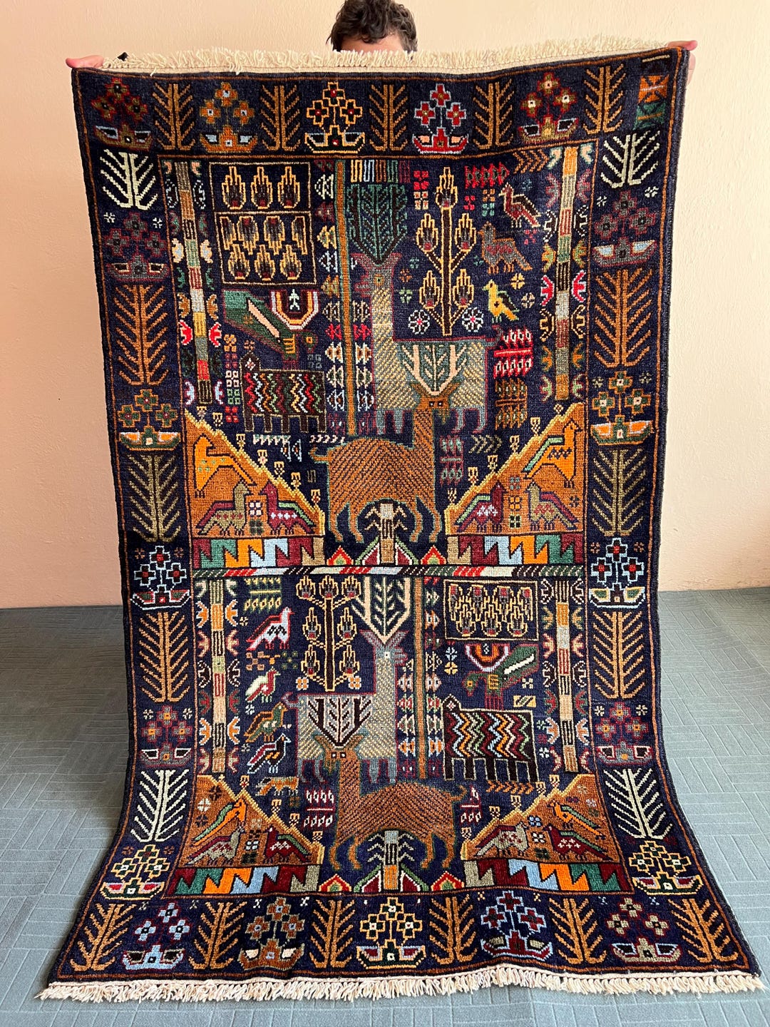 3'9 X 6'3 FT Vintage Shikarga Rug, Pictorial Handmade Rug, Tribal ...