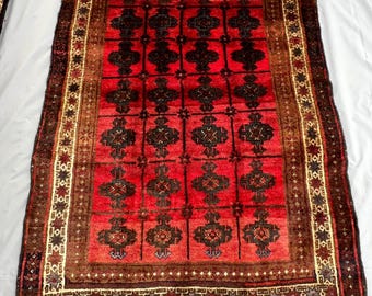 Alfombra baluchi vintage de 1,35 x 2 m, estilo tribal afgano, hecha a mano, de lana, con diseño geométrico antiguo en rojo y marrón, para sala de estar, decoración bohemia.