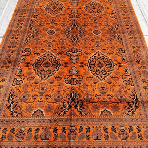Large 7x10 Turkmen Pictorial Rug, Vibrant Orange & Navy Area Carpet, High-End Hand-Knotted Vase and Bird Rug, Luxury Statement Floor Art