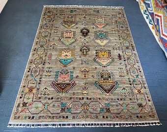 Handmade Afghan Chobi Rug: Medallion Kazak Style, 6.7 x 4.9 ft