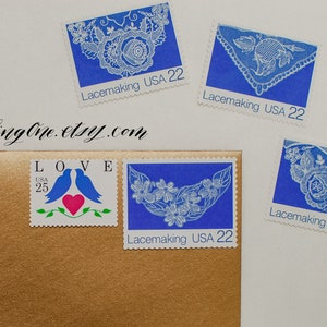 Set of 8 or 16 Lacemaking stamps 22c unused USPS vintage blue lace postage stamps image 4