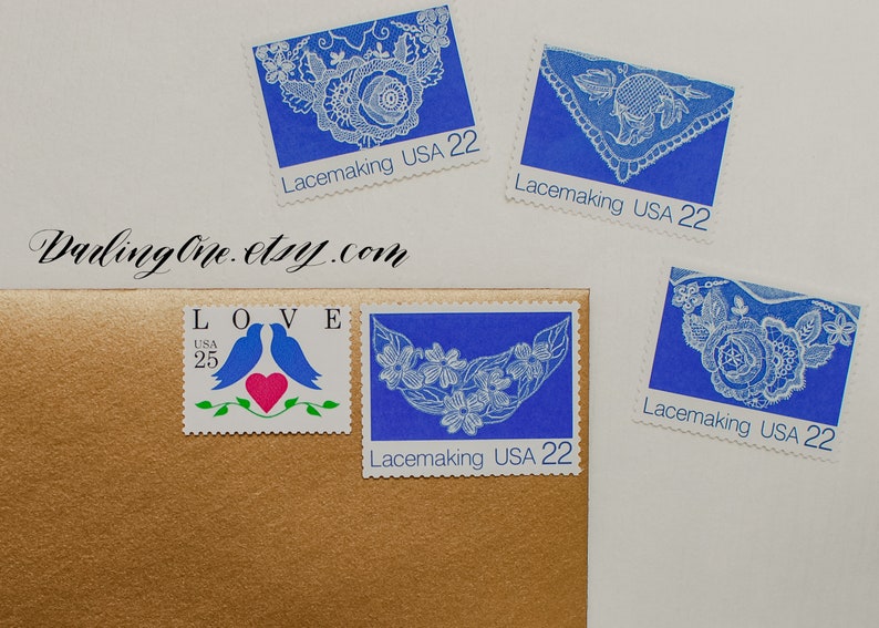 Set of 8 or 16 Lacemaking stamps 22c unused USPS vintage blue lace postage stamps image 4