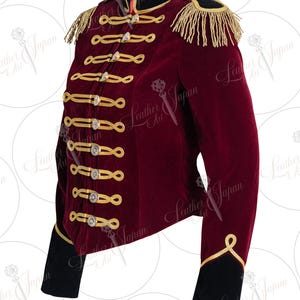 Women's Burgundy Velvet Military Jacket with Gold Epaulettes With Black Collar