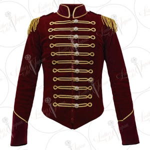 Burgundy Velvet Military Jacket with Gold Epaulettes & Collar