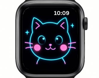 Fondo de pantalla de animales con esfera neón kawaii para Apple Watch (descarga instantánea)