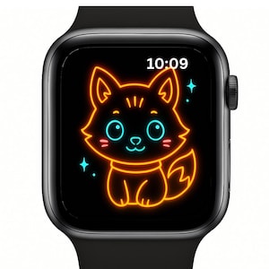 Set di sfondi per Apple Watch con simpatici animali al neon / Quadrante per orologio digitale kawaii / Medusa, pinguino, gufo, volpe e orso che si illuminano al buio / Download immediato