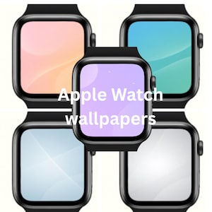 Puede incluir: Imagen que muestra cinco Apple Watches con varios fondos de pantalla coloridos. Los relojes tienen cajas negras y pantallas con degradados de rosa, azul, morado y blanco. El texto "Apple Watch wallpapers" está superpuesto.