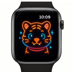 Set di sfondi per Apple Watch con simpatici animali al neon / Quadrante per orologio digitale kawaii / Maiale, tigre, cane, coniglio e gatto fosforescenti / Download immediato