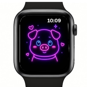 Set di sfondi per Apple Watch con simpatici animali al neon / Quadrante per orologio digitale kawaii / Maiale, tigre, cane, coniglio e gatto fosforescenti / Download immediato