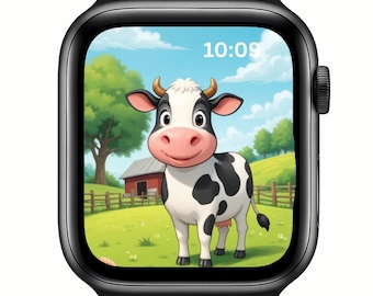 漫画風牛のApple Watchの文字盤 | 農場の動物の壁紙（デジタルダウンロード）