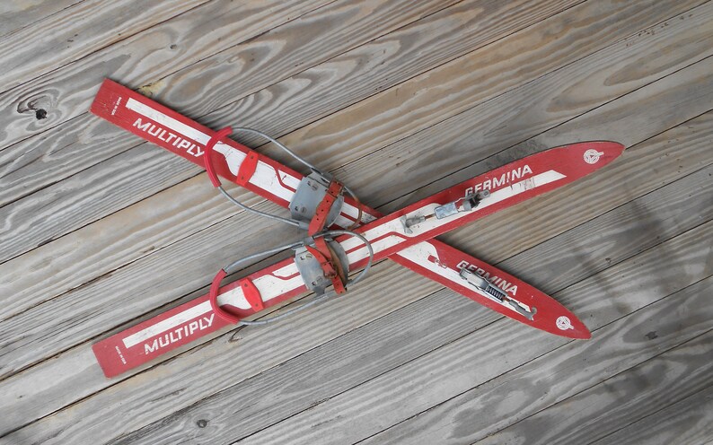 Red And White Wooden Snow Skis Outdoor Winter Skiing Decor Small Children Ski Lodge Plastic Poles
