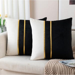Set of 2 Velvet Decorative Throw Pillow Covers Black White Patchwork with Gold Leather Pillow Covers 18 × 18 Inch Cushion