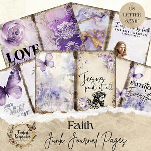 Glaube Basiert Junk Journal Printable | Christliche Digitale Seiten | Lila Blumen Bibel Vers Kunst | Religiöses Ephemera Paket