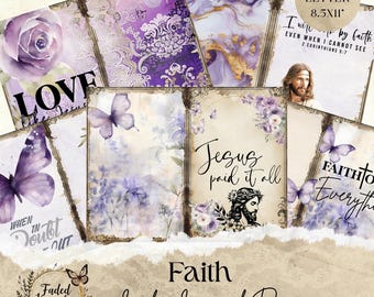 May include: A collection of faith-themed junk journal pages. The pages feature floral and butterfly designs in shades of purple and white, with inspirational quotes and images of Jesus. The pages are US Letter size, 8.5x11 inches.