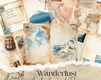 Wanderlust Junk Journal Pages | Travel Scrapbook Paper | Vintage Adventure Writing Sheets | Printable Journal Kit