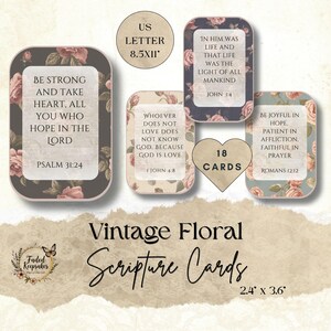 May include: Vintage floral scripture cards with inspirational quotes. The cards feature a floral design with text from Psalms, John, and Romans. The set includes 18 cards, each measuring 2.4 x 3.6 inches.