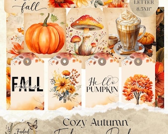 Könnte beinhalten: Ein digitales Kunstpaket mit Herbstmotiven. Es enthält einen Kürbis, Pilze, einen Latte und Tags mit Texten wie "Fall Vibes" und "Hello Pumpkin". Das Paket trägt die Bezeichnung "Cozy Autumn Ephemera Pack".