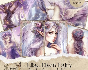 May include: A collection of lilac-themed junk journal pages. The pages feature watercolor illustrations of fairies, unicorns, and fantasy landscapes. The text on the pages reads "Lilac Elven Fairy Junk Journal Pages" and "US Letter 8.5x11".