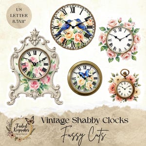 Pode incluir: Uma coleção de relógios vintage shabby com designs florais e de pássaros. Os relógios apresentam algarismos romanos e vêm em várias formas, incluindo um relógio de bolso e um suporte decorativo. A paleta de cores inclui branco, dourado, rosa e azul.