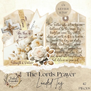 Op de afbeelding: Een beige en gouden "The Lord's Prayer" geladen tag met witte rozen, kruisen en script. De tag bevat de tekst "Amen", "Forgive me" en "Strength & Protection". Het is US Letter formaat, 21,6 x 27,9 cm, en bevat 42 stuks.