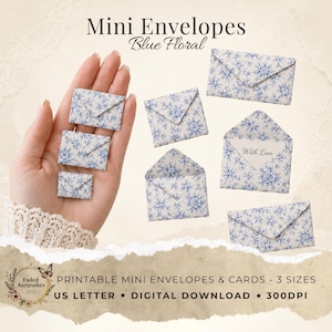 Mini sobres imprimibles, efímeros florales azules para diario creativo, sobres pequeños con tarjetas, manualidades de papel vintage, descarga digital.