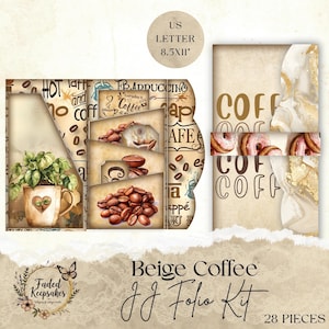 Puede incluir: Un kit de folio con temática de café beige con varios gráficos relacionados con el café, incluyendo granos de café, tazas y el texto "COFFEE". El kit incluye una planta en una taza y el texto "US LETTER 8.5X11". El kit está etiquetado como "Beige Coffee JJ Folio Kit 28 Pieces."