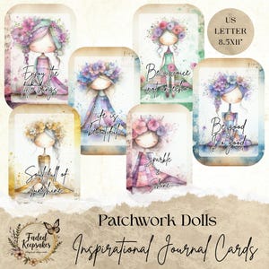 May include: A collection of watercolor journal cards featuring whimsical doll illustrations with floral crowns and inspirational quotes. The cards are in soft pastel colors and include phrases like "Enjoy the little things" and "Life is beautiful."