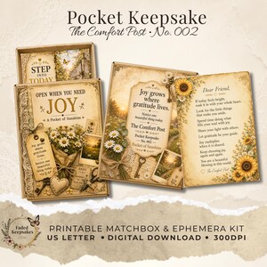 以下が含まれることがあります： Pocket Keepsake The Comfort Post No. 002と題された、印刷可能なマッチ箱とエフェメラのキット。花柄、ひまわり、デイジー、ヴィンテージの鍵、そしてJoy grows where gratitude livesなどの感動的なテキストが書かれたカードが含まれています。