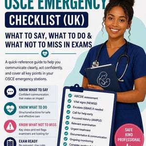 May include: A medical checklist titled "Midwifery OSCE Emergency Checklist (UK)" with bullet points on a clipboard. A smiling woman in blue scrubs holds the clipboard. The checklist includes ABCDE assessment, vital signs, and urgent treatment.