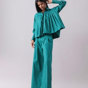 Deep Green Co-ord Set, Pleated two-piece Set, Fancy Set, Poplin Co-ord, Full-sleeve Set, Wide Pants-Shirt Set, Evening Wear